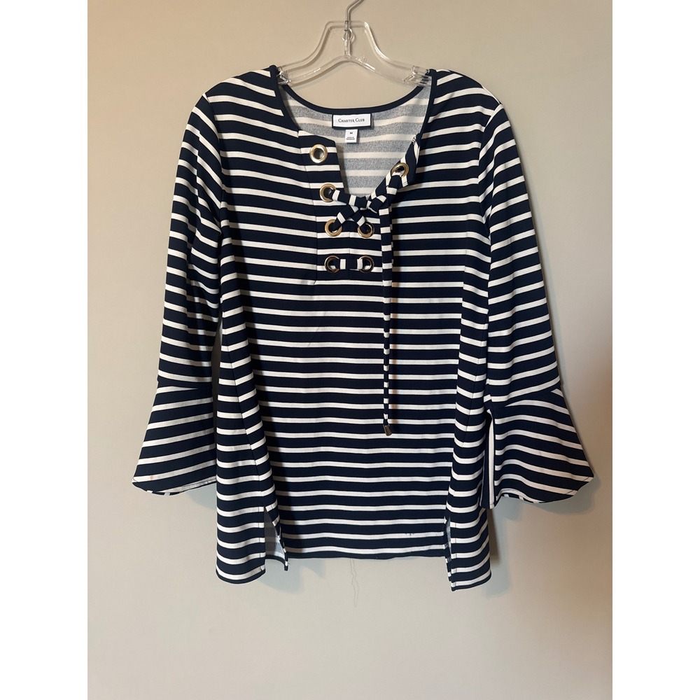 Charter Club Navy White Striped Lace Up Grommet Bell Sleeve Blouse Top Medium